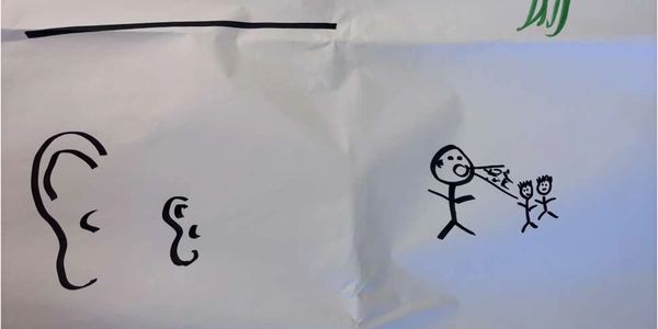 Drawing of ears and stick figures with one shouting at two others.
