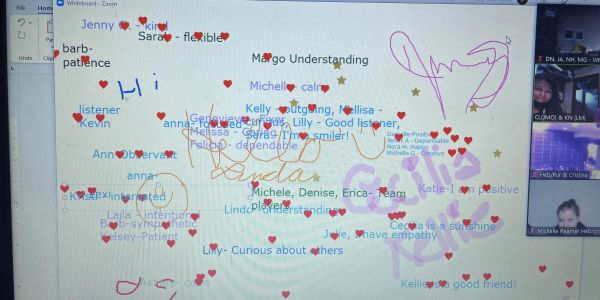A Zoom whiteboard filled with colorful handwritten names, words, and hearts reflecting positive traits.