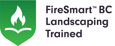 Green badge with a white flame above an open book, labeled 'FireSmart BC Landscaping Trained'.