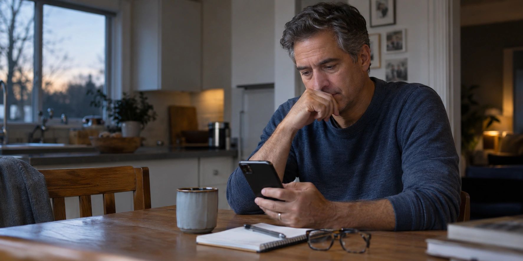 Man looking thoughtfully at his phone at home.