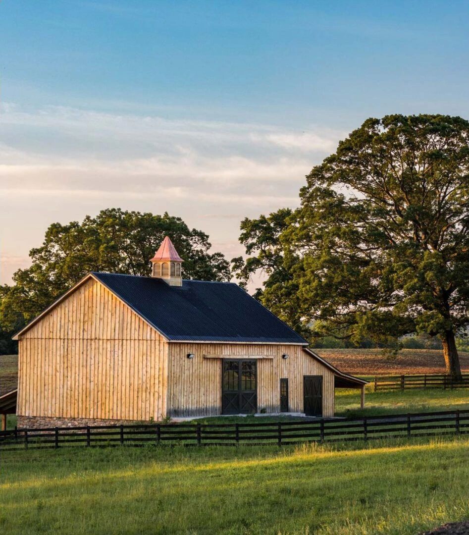 A wooden barn with a black roof in a green field under a blue sky.