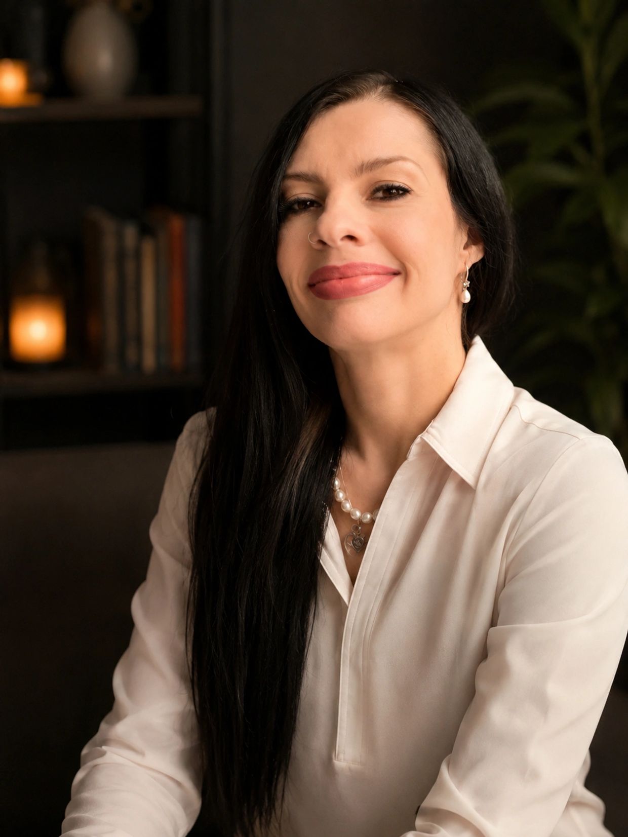Confident woman with long black hair wearing a white blouse and pearl necklace.