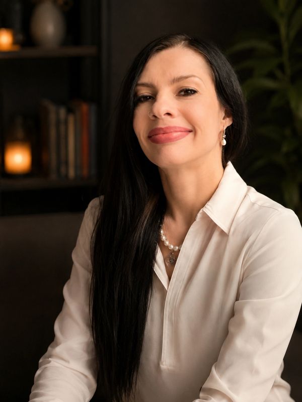 Confident woman with long black hair wearing a white blouse and pearl necklace.