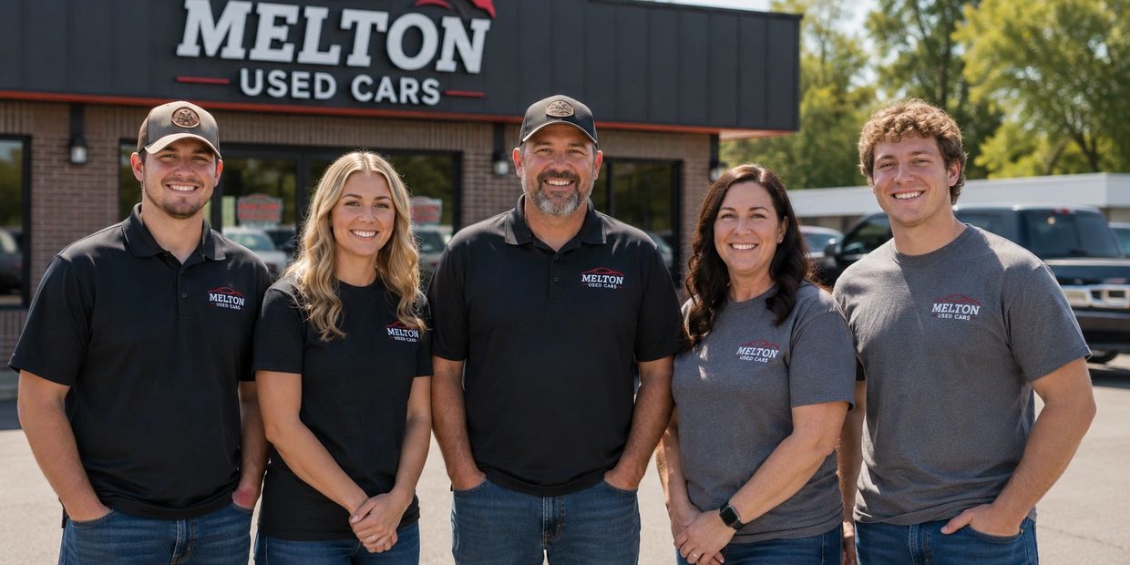 A group of five smiling Melton Used Cars employees standing outside the dealership.