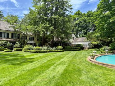 A large green lawn with trees, a house, and a round swimming pool.