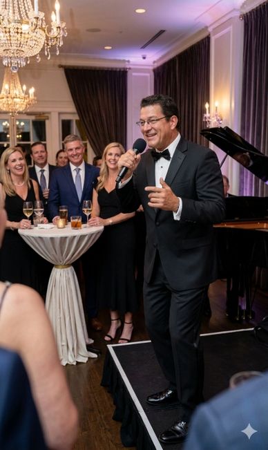 Man singing to people at an elegant cocktail reception