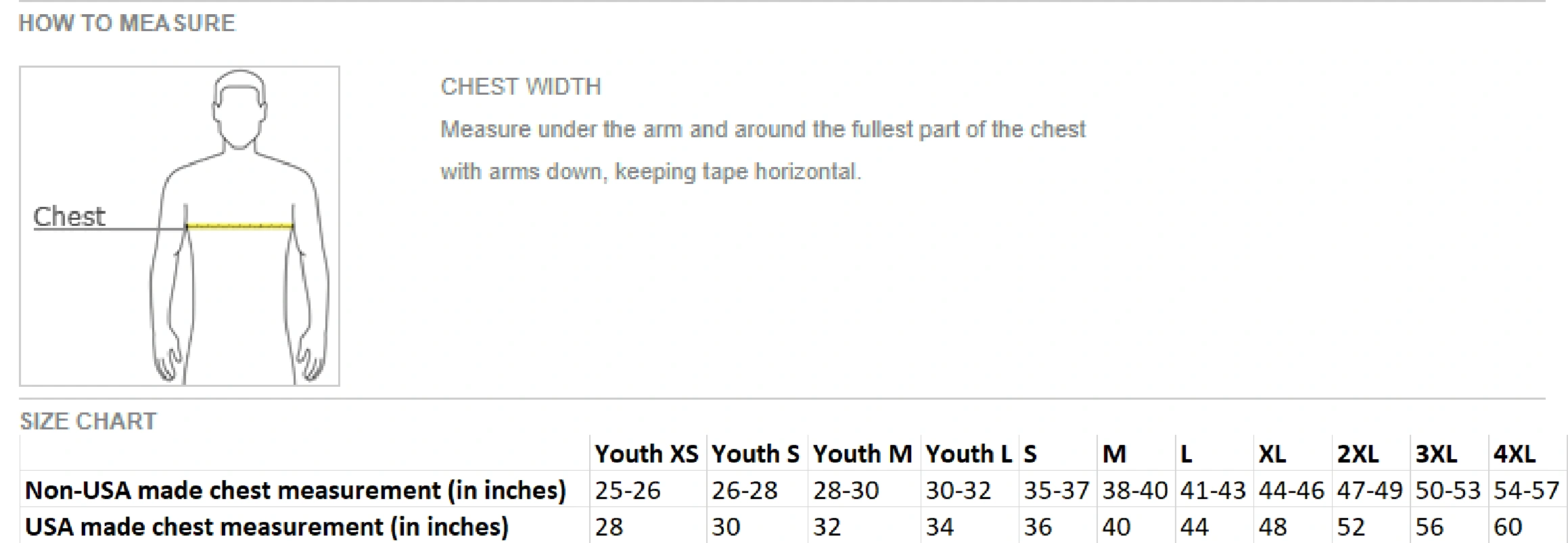 size chart for warbird t-shirts