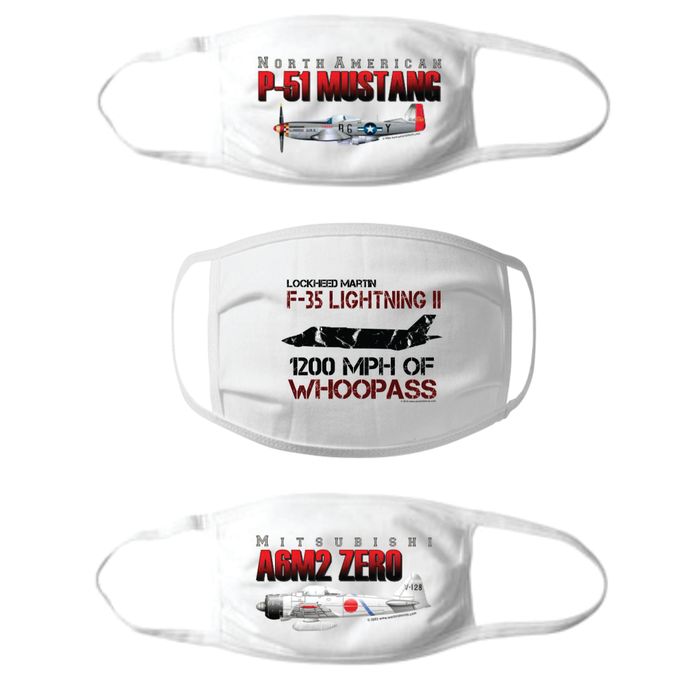 COVID mask with airplanes, zero, f-35, mustang
