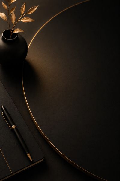Elegant black and gold desk setup with a notebook, pen, and vase.
