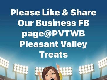 Cartoon woman in stadium asking to like and share Pleasant Valley Treats Facebook page.