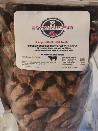 Bag of Ranger's Beef Heart Treats for cats and dogs, all natural and freeze dried.