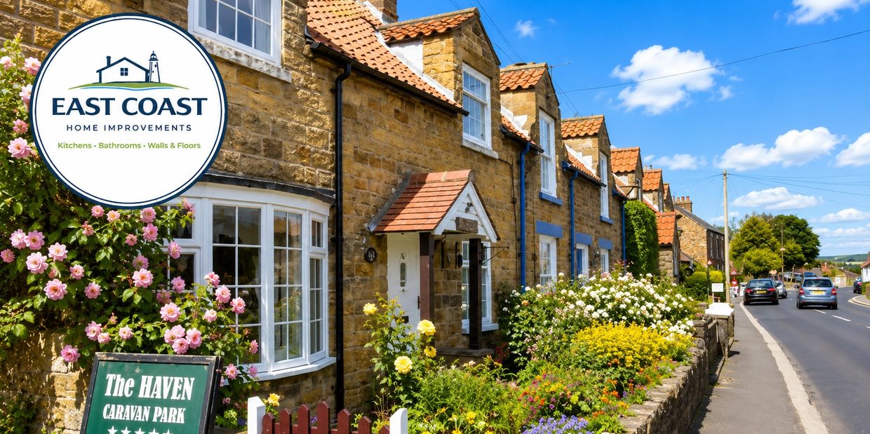 Stone cottages with colorful flowers on a sunny day.