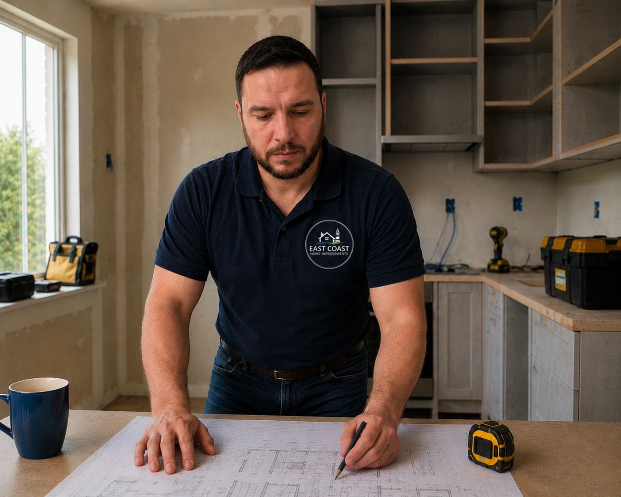 Man reviewing home renovation plans in a kitchen under construction.