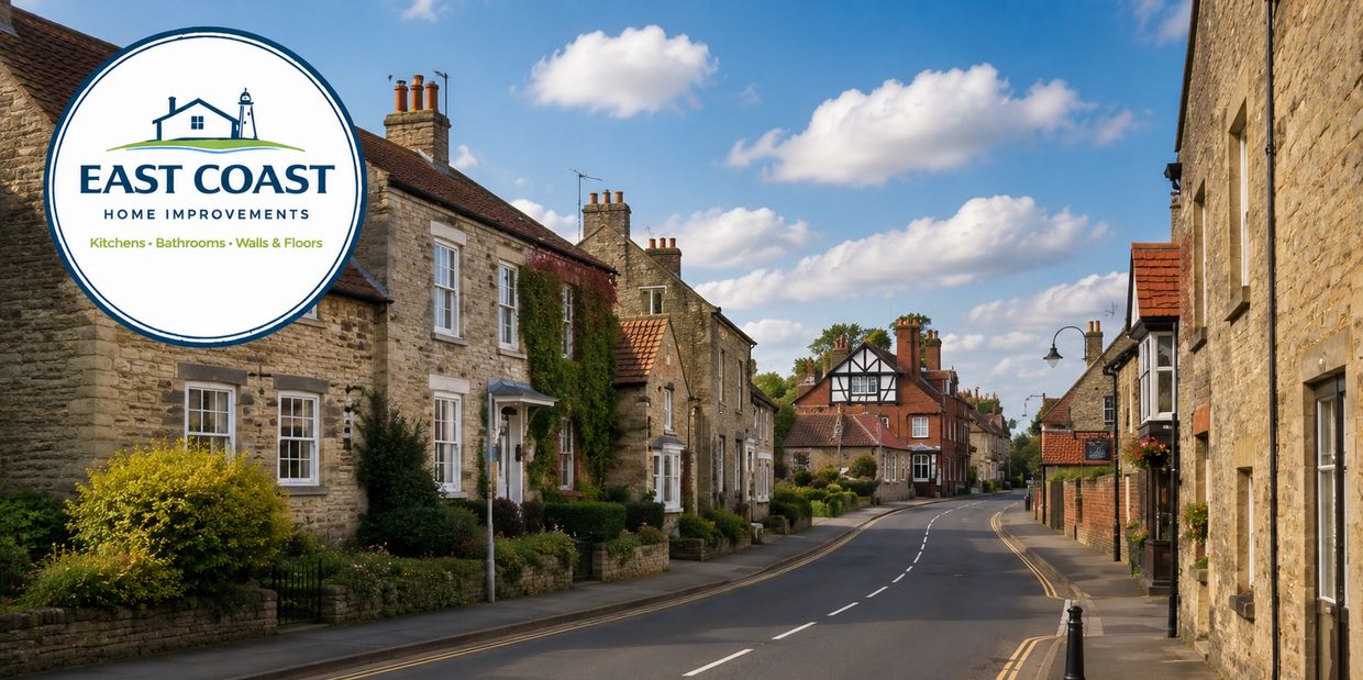 Charming street with stone houses under a blue sky.