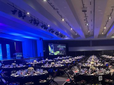 Gala event setup with decorated tables