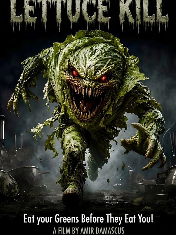 Terrifying lettuce monster with glowing red eyes.
