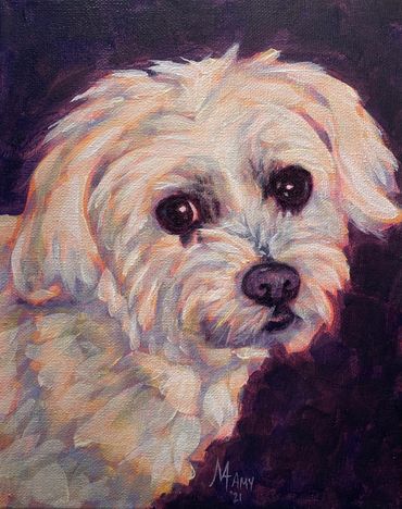 Close up painting of a scruffy white dog with big eyes.