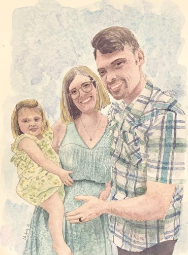 Watercolor family portrait of dad, toddler, and pregnant mom.