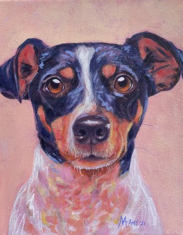 Up close painting of a Jack Russel Terrier Dog in white, pink, and navy blue.
