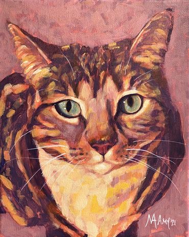 Close up painting of a striped cat with green eyes.
