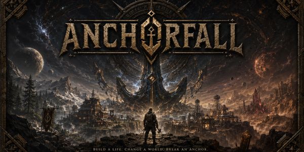 Dark fantasy landscape with a lone warrior and the title Anchorfall.