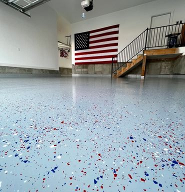 Red, white and blue epoxy floor flaked to 50%