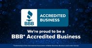 BBB Accredited Business badge with a proud declaration on a blue background.