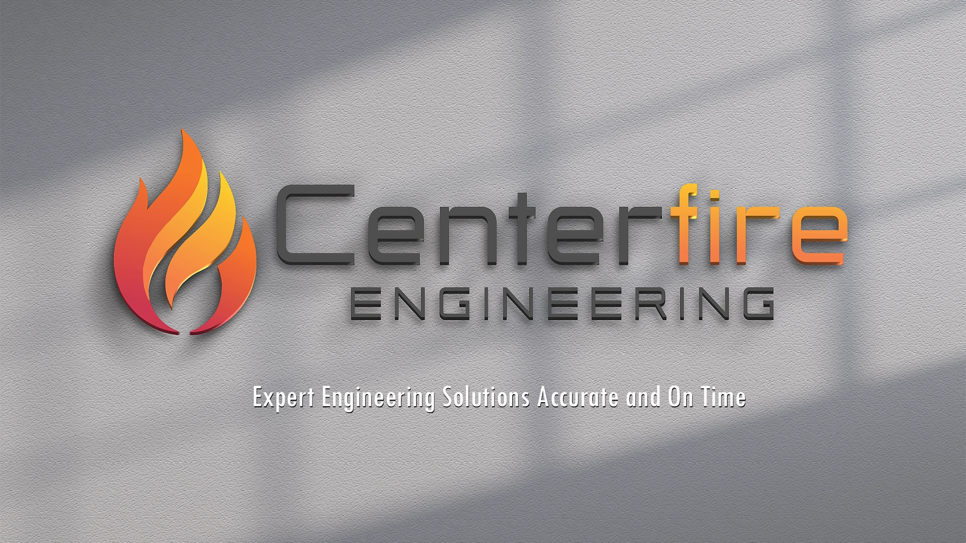 Orange flame and Centerfire logo and slogan superimposed on a stucco wall shadowed with windowpanes