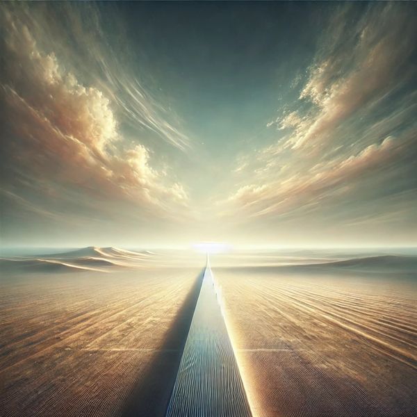 A surreal desert with a glowing horizon and dramatic clouds.