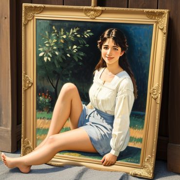 A young woman with one leg extending out of a framed painting.