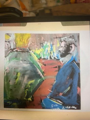 Abstract painting of two figures, one in blue and one in green, facing each other.