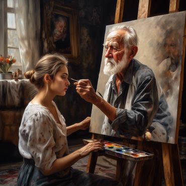 An elderly man painting a young woman's face on canvas.