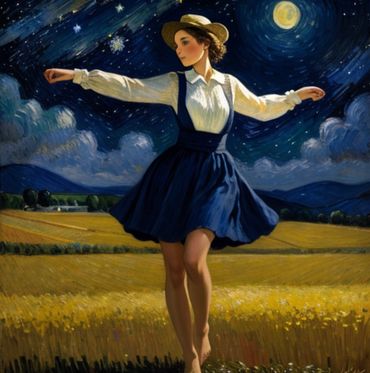 Woman in a blue dress dancing under a starry night sky in a wheat field.