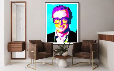 Modern seating area with brown chairs and vibrant pop art portrait on wall.