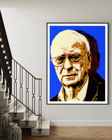 Pop art-style portrait of an elderly man with glasses, displayed in a modern stairwell.