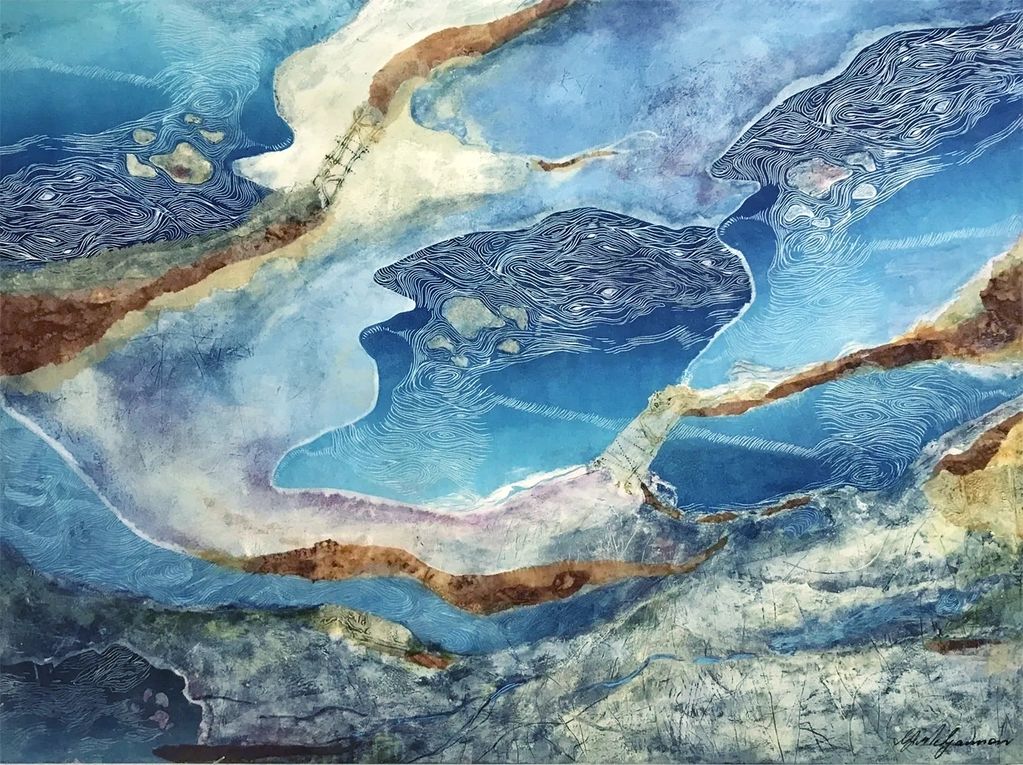 Cold wax & oils with collaged rust paper, lino print and encaustic monotype.
120x100cm on panel.