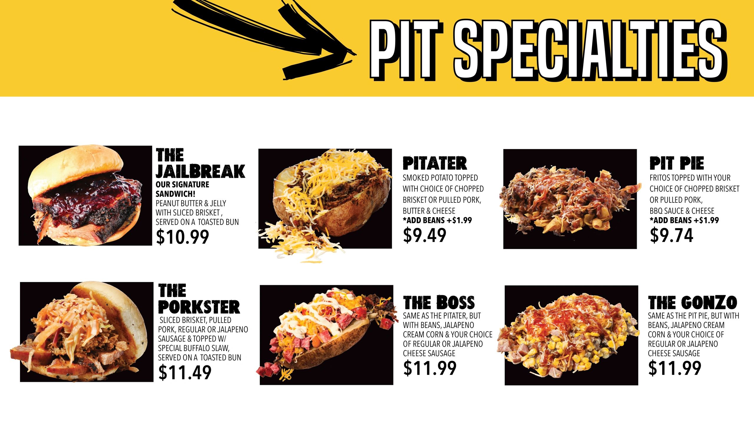 Menu of pit specialties with sandwiches and loaded potatoes.