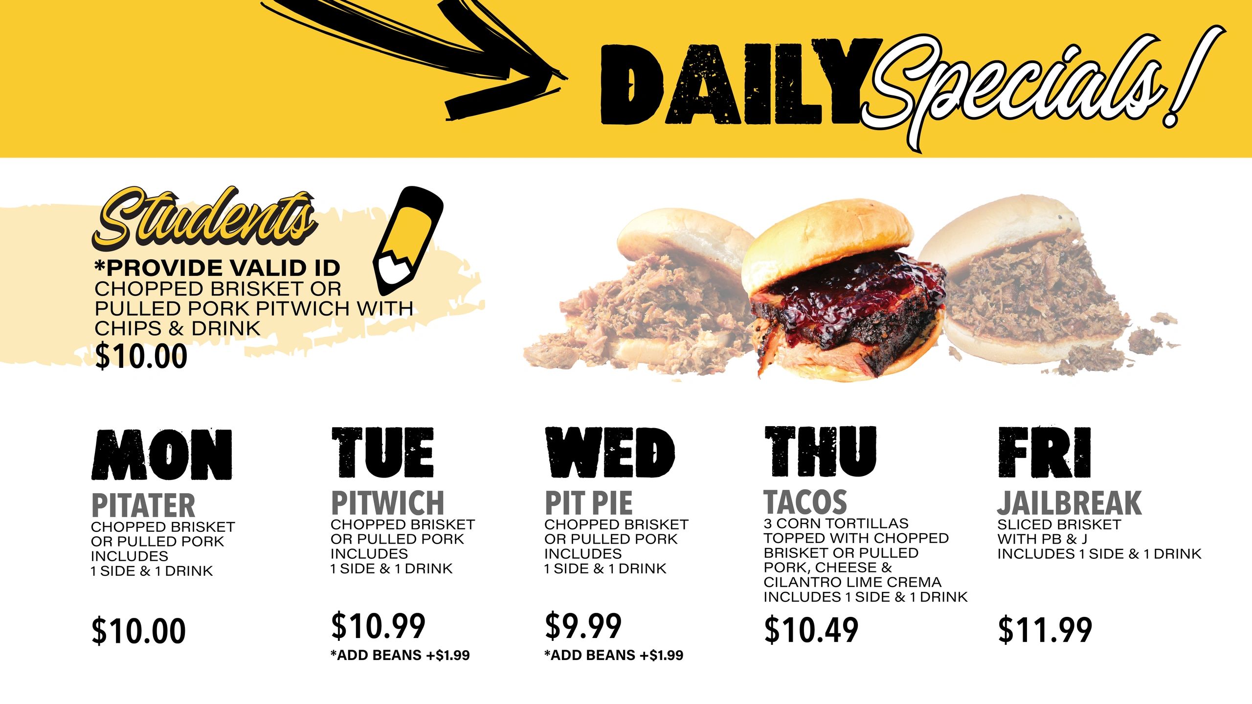 Daily specials menu with student discount on brisket and pulled pork dishes.