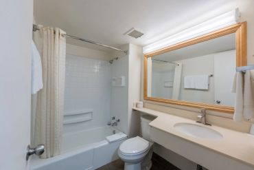 Clean bathroom with bathtub, shower, and large mirror.