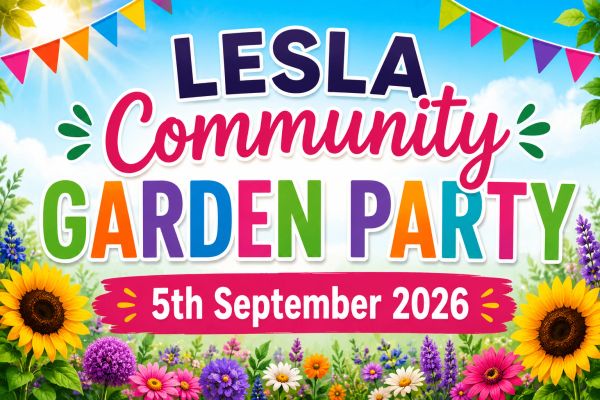 Colorful banner for Lesla Community Garden Party on 5th September 2026.