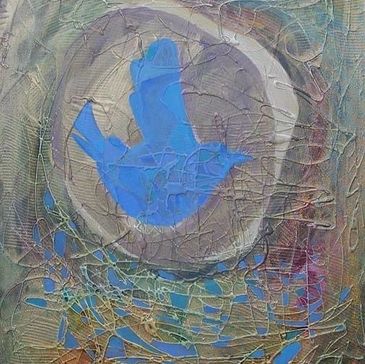 A mixed media painting of a blue bird in a nest.