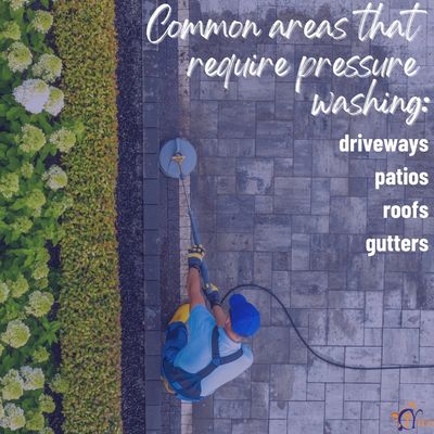 Person pressure washing a stone driveway with text listing pressure washing areas.
