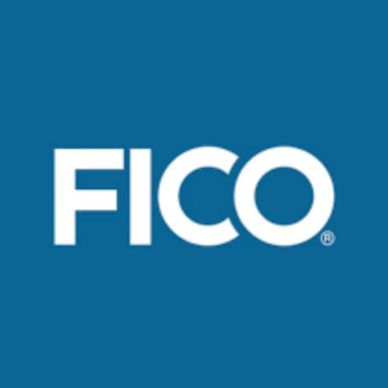 White FICO letters on blue background