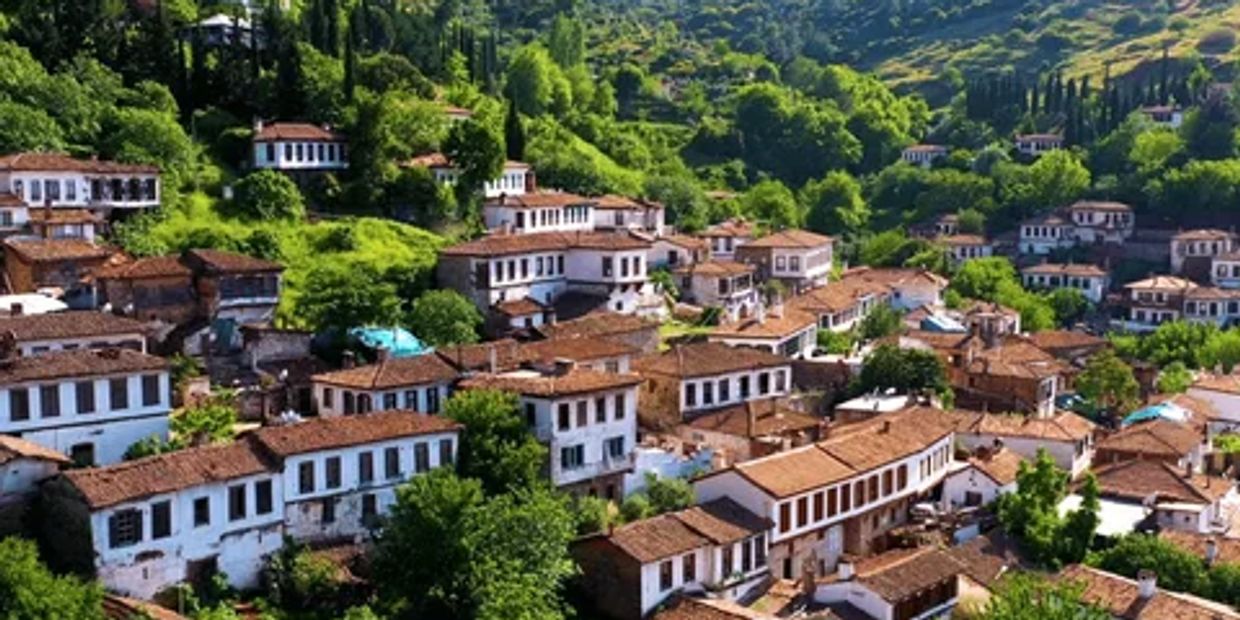 A hillside village with white houses and brown roofs surrounded by lush greenery.