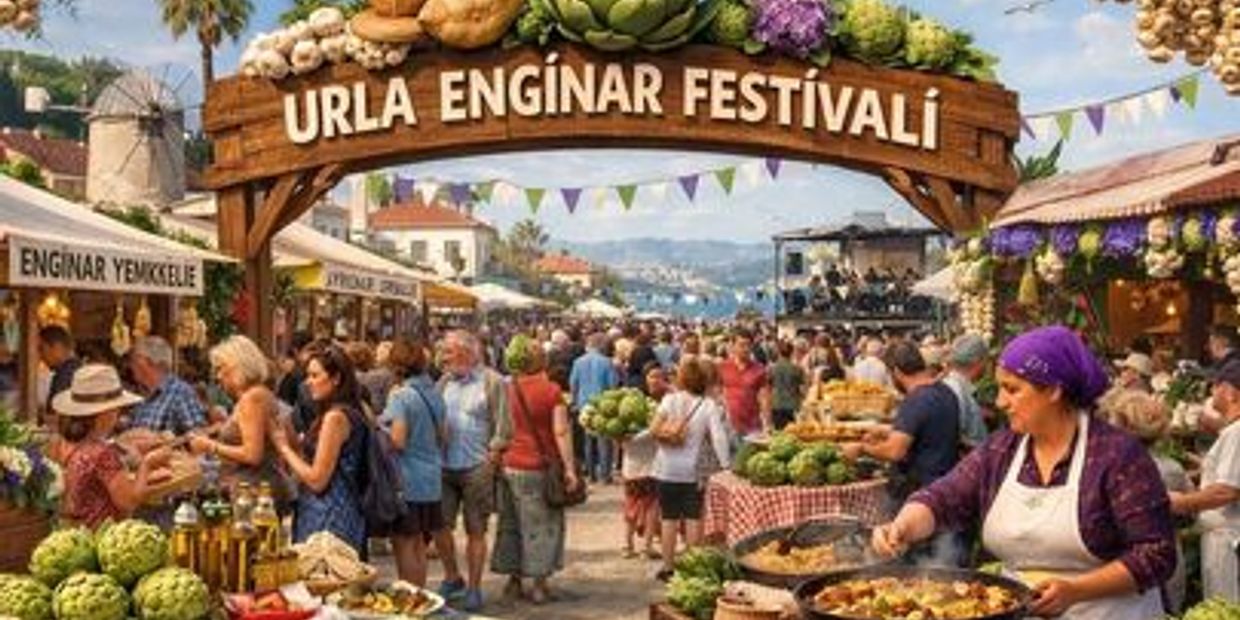Crowd enjoying the vibrant Urla Enginar Festival with fresh artichokes and local foods.