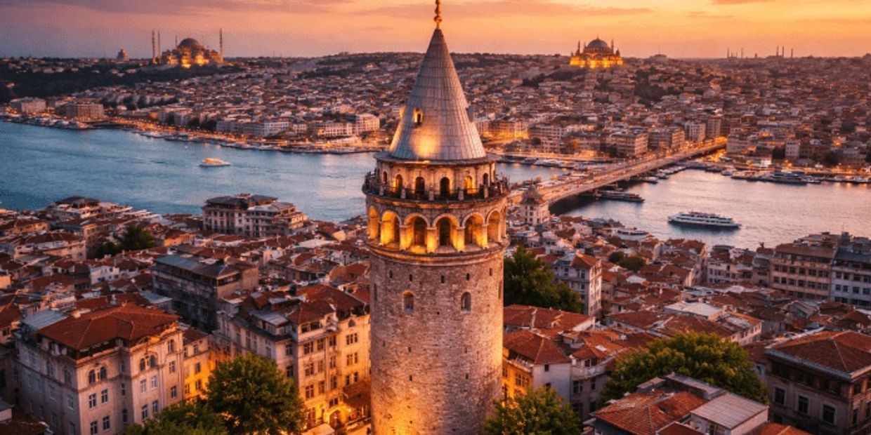 Galata Tower illuminated at sunset overlooking Istanbul's cityscape and Bosphorus.