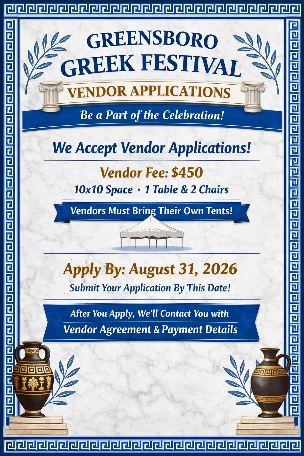 Vendor applications open for Greensboro Greek Festival with $450 fee, due August 31, 2026.
