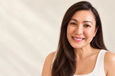 Smiling woman with long hair in a white top.