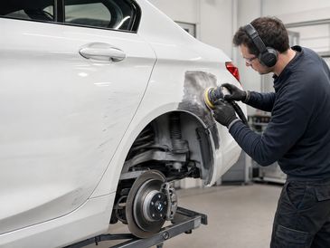 Man repairing car body in auto shop.
