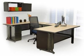 Clean desk and shelf sitting in the corner of a cleaned office space.